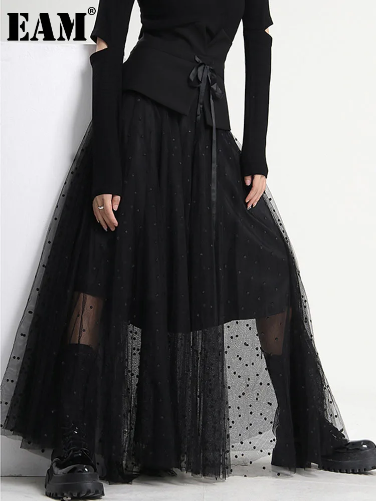 

[EAM] Black Casual Irregular Bandage Mesh Dot High Waist Half-body Skirt Women Fashion Tide New Spring Autumn 2022 1DE5808