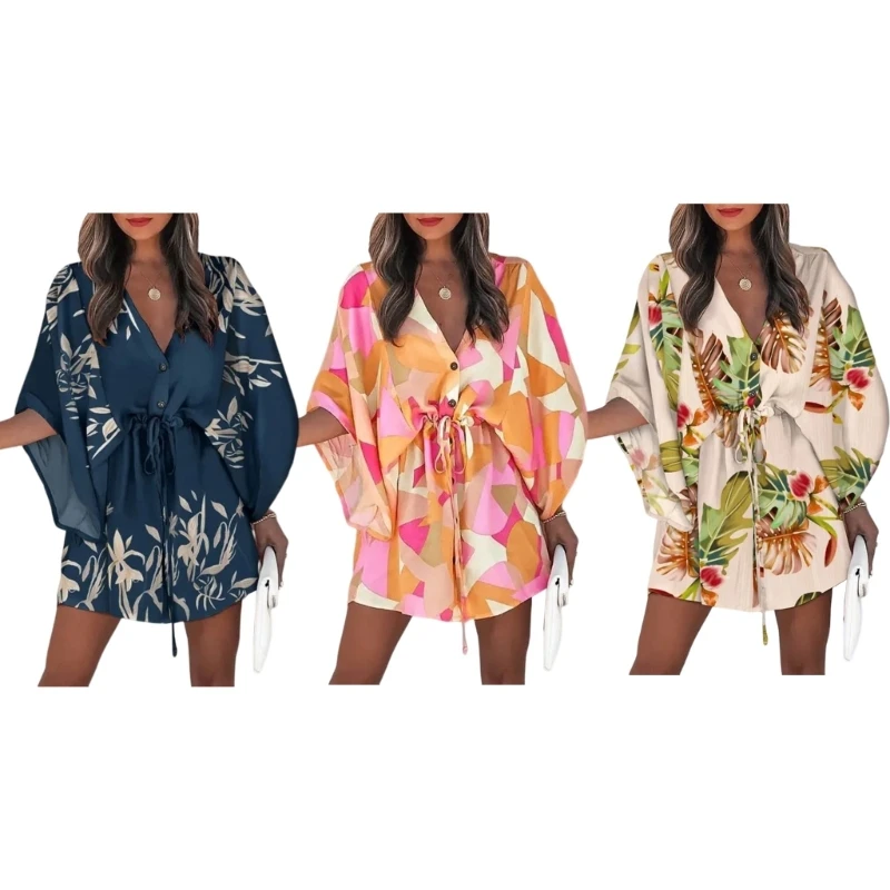 

2023 Summer Beach Women Dresses Sexy V-Neck Lace-up Floral Print Mini Dress Casual Flared Sleeves Ladies Short Dresses