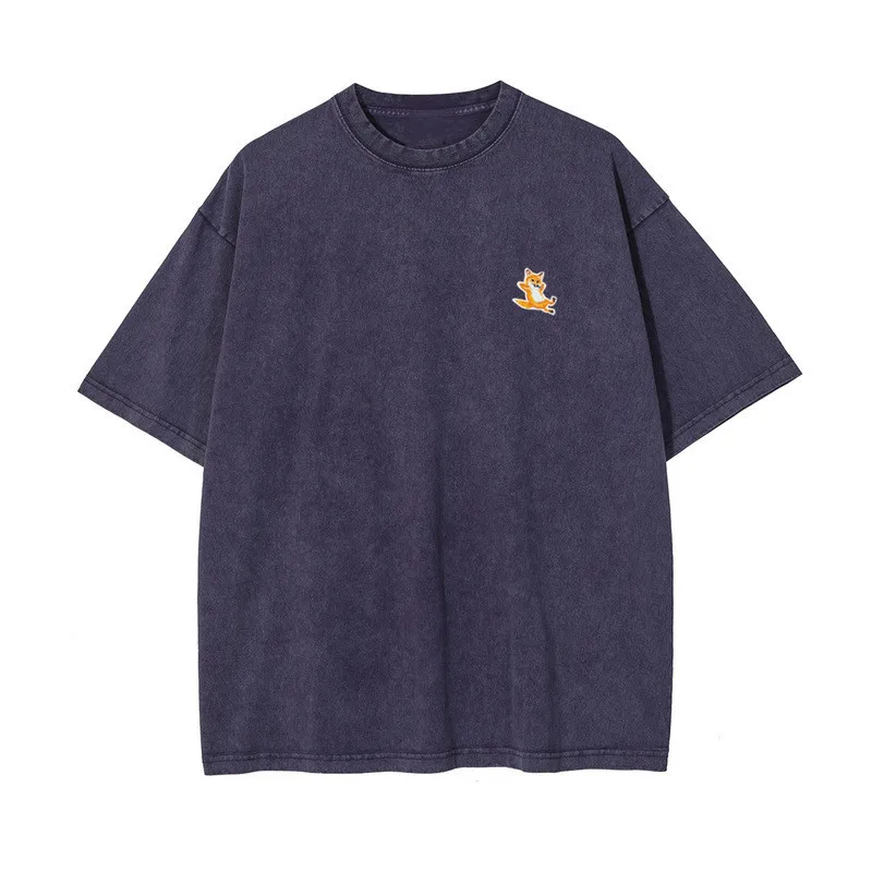

2023 New Men Clothing Women Men T Shirt Vintage Washed Distressed High Street Casual Loose Fox Embroidered T-shirt Man Tops Tee