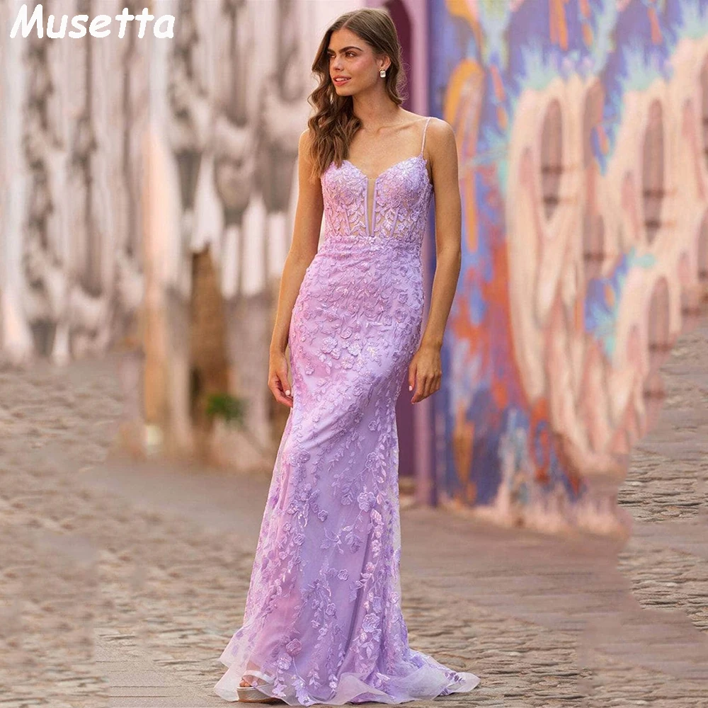 

Musetta Lavander Lace Meirmaid Prom Dress Elegant Spaghetti Straps Arabric Dubai Vestido De Novia Lace Tail Prom Gown