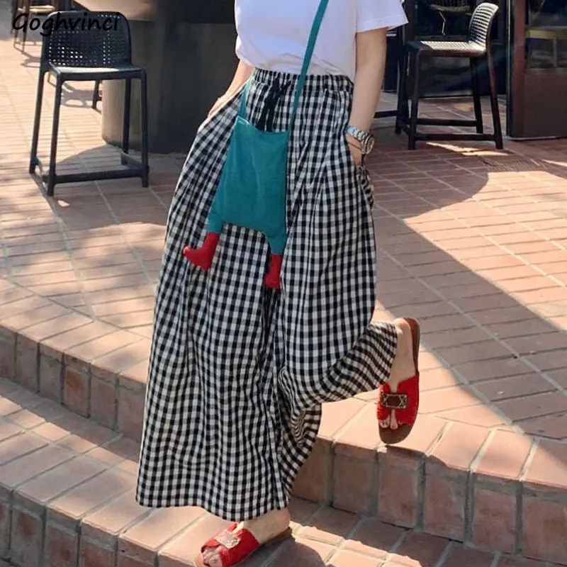 

Plaid Baggy Pants Women Wide Leg Trousers Chic Fashion Ulzzang Drawstring All-match Temper Spring Harajuku Casual Ankle-length