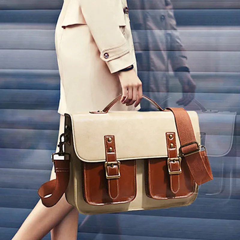 

Genuine Leather Briefcase Women's Handbags Backpack Shoulder Crossbody Bag 14“ Laptop Bag Ol Messenger Bags Schoolbag