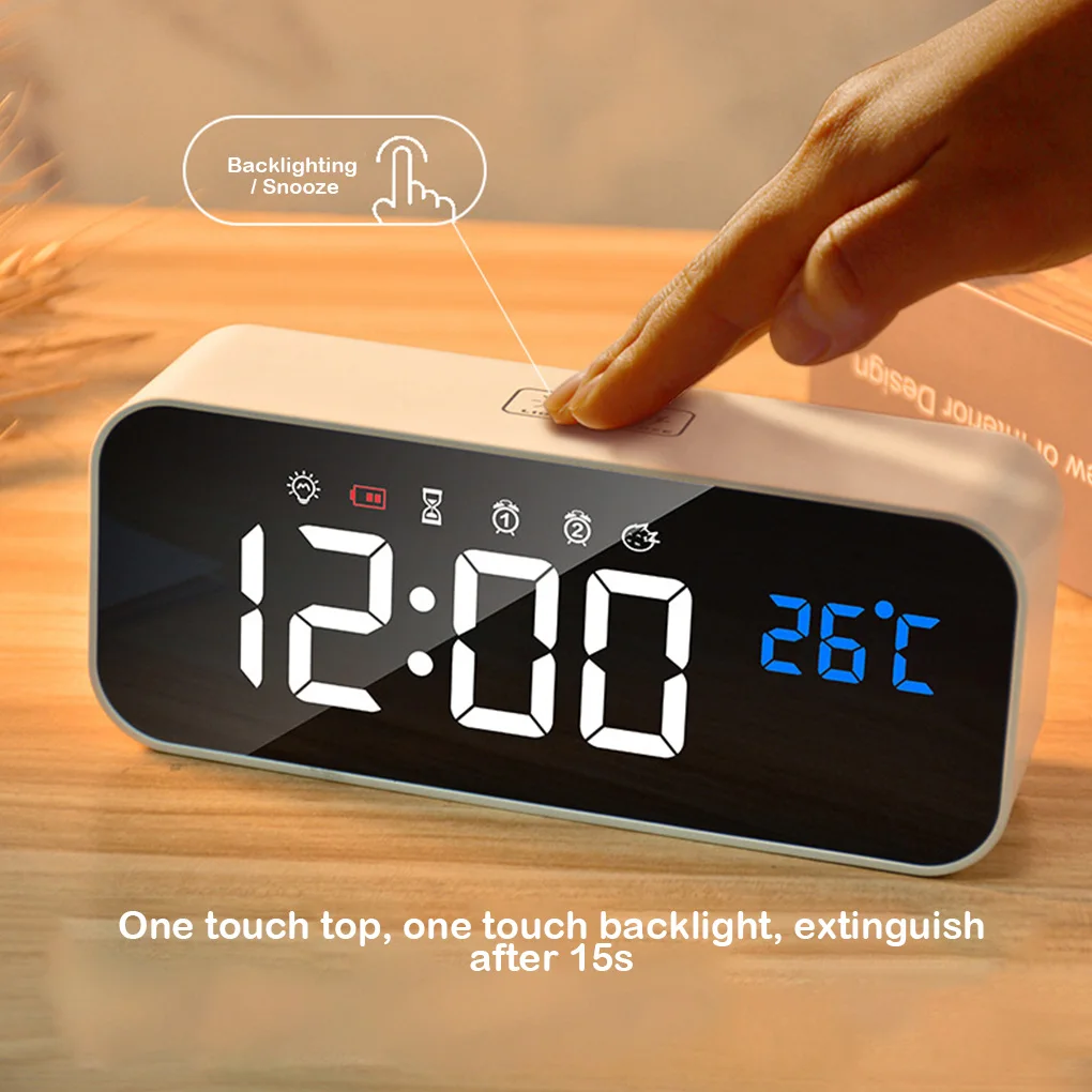 

LED Digital Alarm Clock Temperature Voice Control Smart Rechargeable Snooze Backlight Mute Bedroom Home Office Clocks