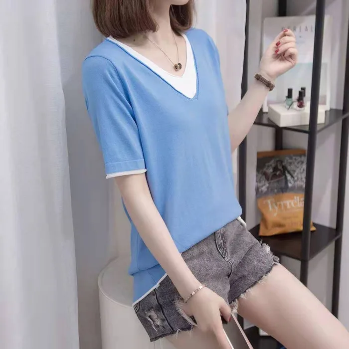 

Женская свободная футболка с коротким рукавом и V-образным вырезом