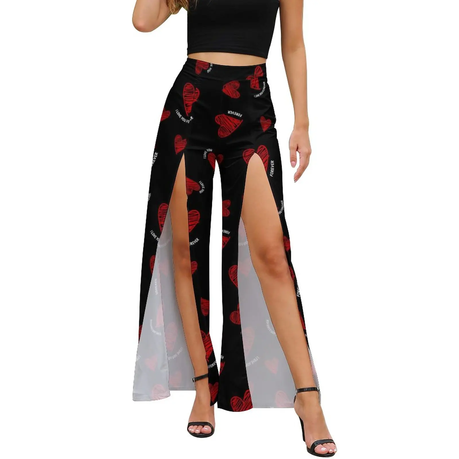 

Red Heart Print Pants Summer I Love You Forever Sexy Workout Wide Leg Pants Female High Waist Street Style Print Trousers