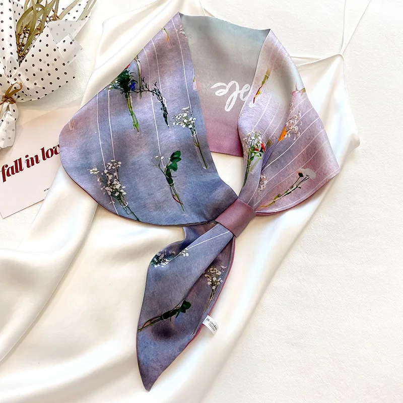 

Elegant Hairband 100% Pure Silk Scarf Women Floral Print Headband Neck Scarfs For Ladies 15*70CM Skinny Neckerchief Hair Scarves
