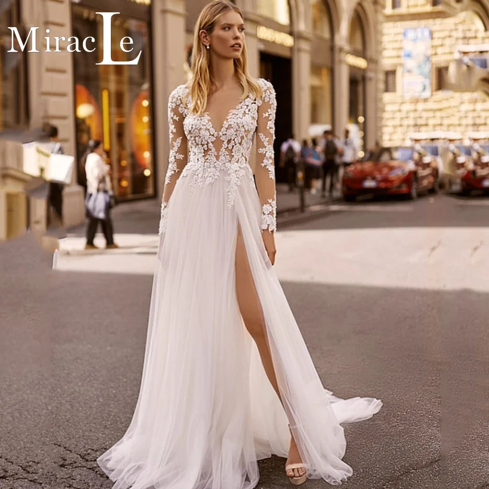 

Classic A Line Side Split Wedding Dresses For Women Long Sleeves Wedding Gown For Bride Backless Popular 2022 Robe De Mariée