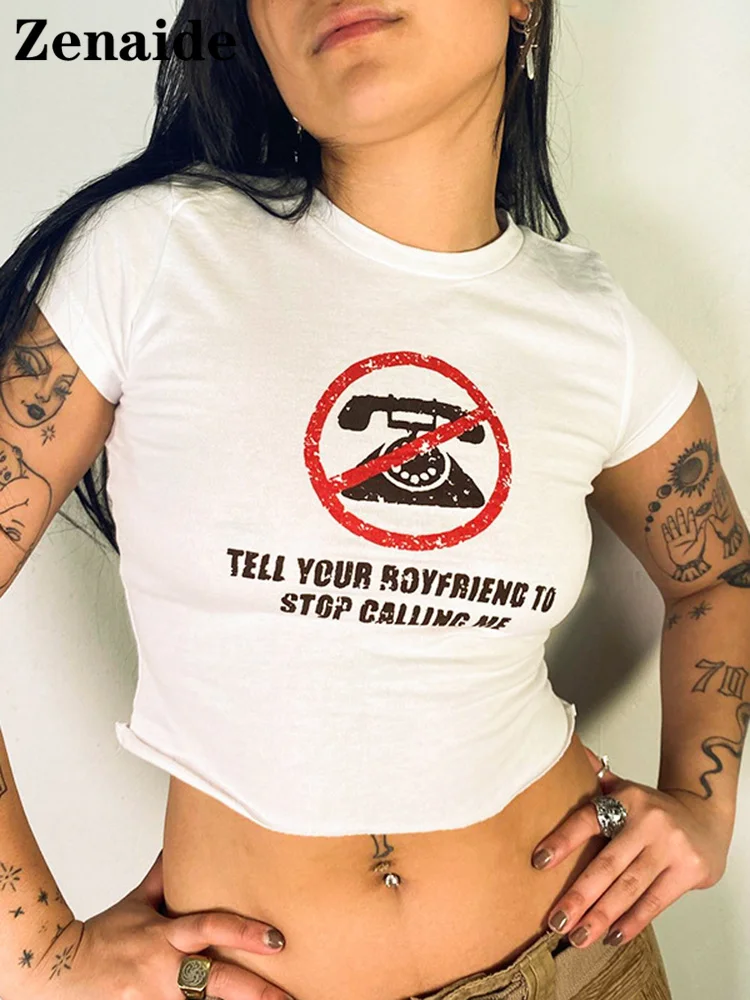 

Zenaide Letter Print O Neck T Shirt Women Tees 2022 Summer Fashion Aesthetic Short Sleeve Slim Y2K E Girl Sexy Crop Tops White