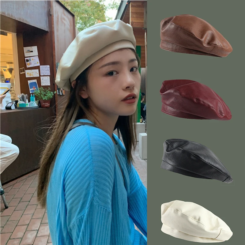 

Women Fashion Beret Solid Beret Cap Pu Leather Beret Artist Warm Beanie Hat Female Ladies Adjustable Hat