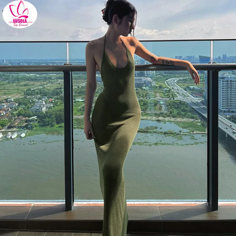 

SUSOLA Solid Halter Sleeveless Backless Slim Sexy Maxi Dress 2022 Spring Women Elegant Streetwear Party Y2K Clothing Concise