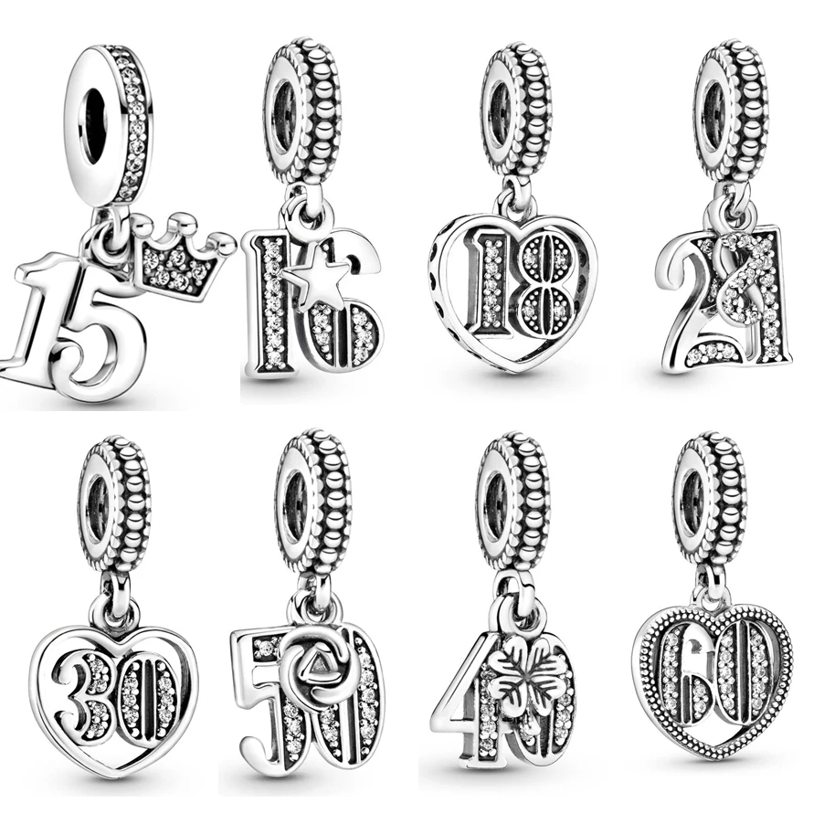 

15th 16th18th 21st 30th 40th 50th 60th Celebration Dangle Charm Silver 925 Bead Fit Original Bracelet Bangle Jewelry
