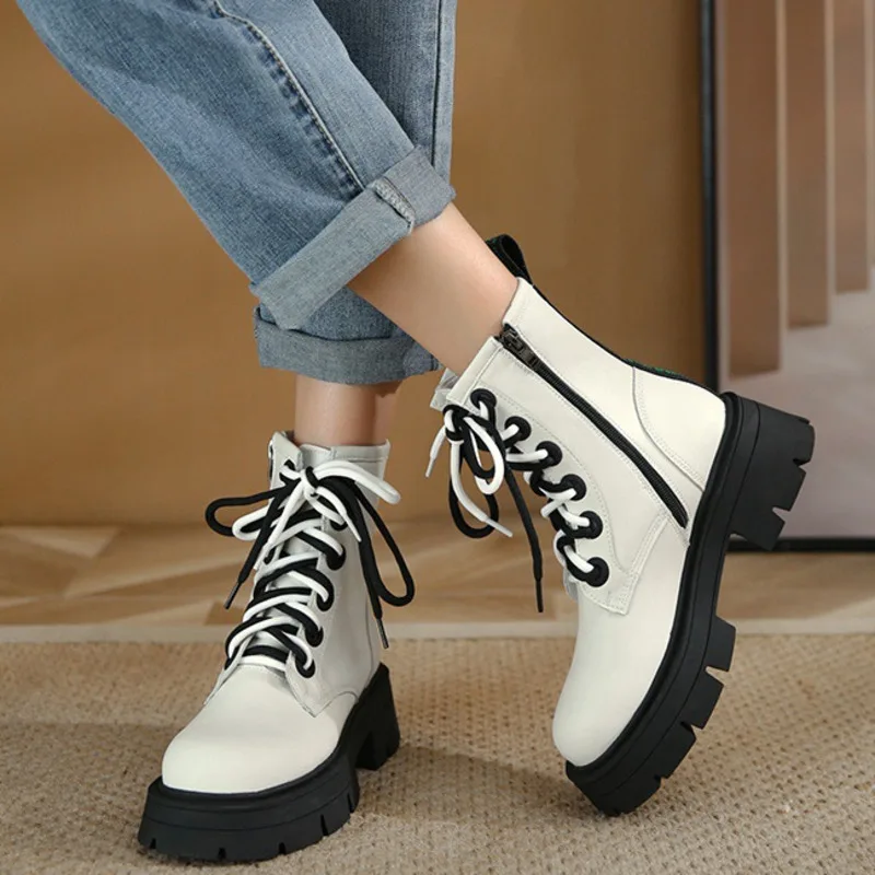 

Women Platform Marin Boots Black Cow Leather Ankle Botas Round Chunky Heel Lace Up Combat Booties Winter Fashion New Women Shoes