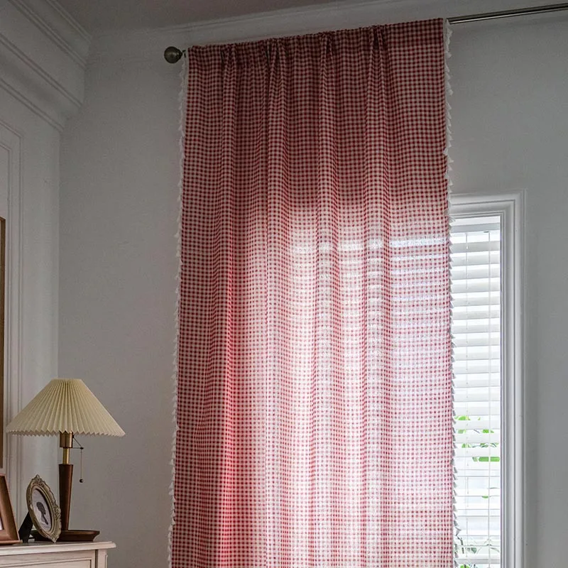 

Semi Blackout Bay Window Curtains for Kitchen Living Room Bedroom Home Decoration Curtains American Style Red Plaid Print