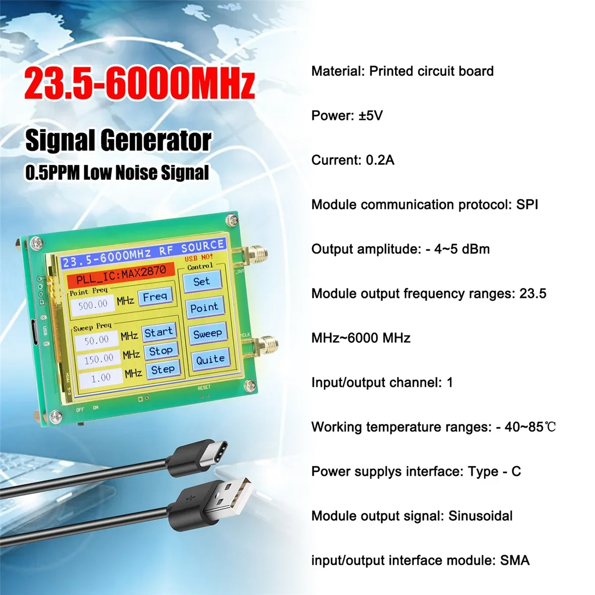 MAX2870 23 5-6000 МГц Генератор сигналов 0 5 ppm Малошумящий источник сигнала Сенсорный