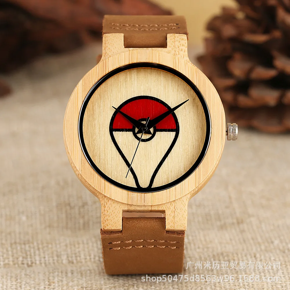 

2022 New Casual Simple No-Scale Anime Peripheral Watch Pokemon Pattern Bamboo Wood Watch Birthday Gift