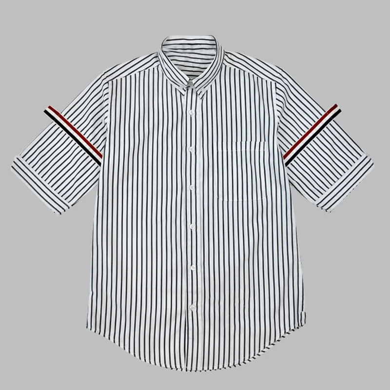 

THOM TB Shirt Top Fashion Brand Striped Armband Short Sleeve Slim Casual Summer Men's Clothing Poplin Cotton Unisex Shirts