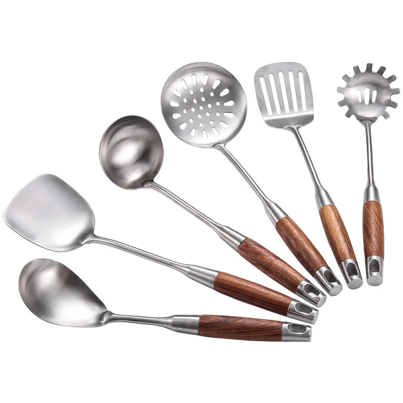 

304 Stainless Steel Kitchenware Wooden Handle Anti-scalding Shovel Spoon Set Spatula Frying Shovel Kitchenware Hot Pot Colander