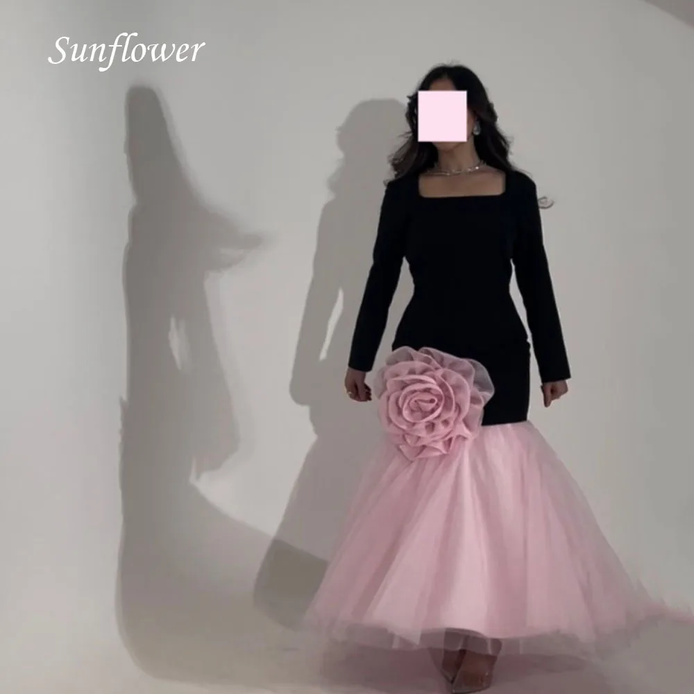 

Sunflower Simple Square Collar Formal Evening Dress 2023 Slim Pleat Flowers Ankle-Length Tulle Mermaid High-end Custom Prom Gown