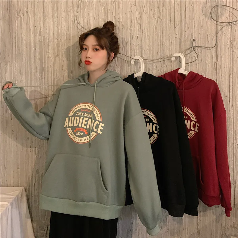 

China Red Sweater Female Loose Japanese Pocket Hooded Sweater Long-sleeved Peplum Students Outside The Avocado Green Pullover