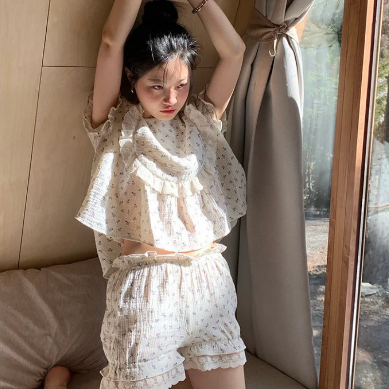

Lace Women Pajamas Shorts Sets Sleepwear 2 Piece Summer Pijama Loungewear Short Sleeve Home Clothes Ruffles Floral Night Wears