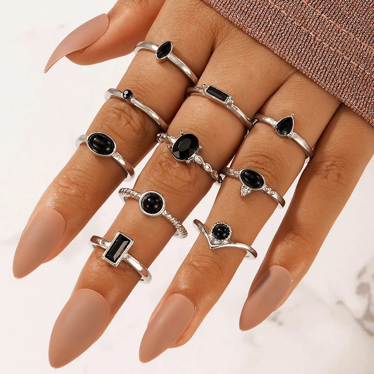 

Set of Ten Rings Dark European and American Punk Black with Diamonds Vintage Metal 10 Piece Exaggerated Ring Set