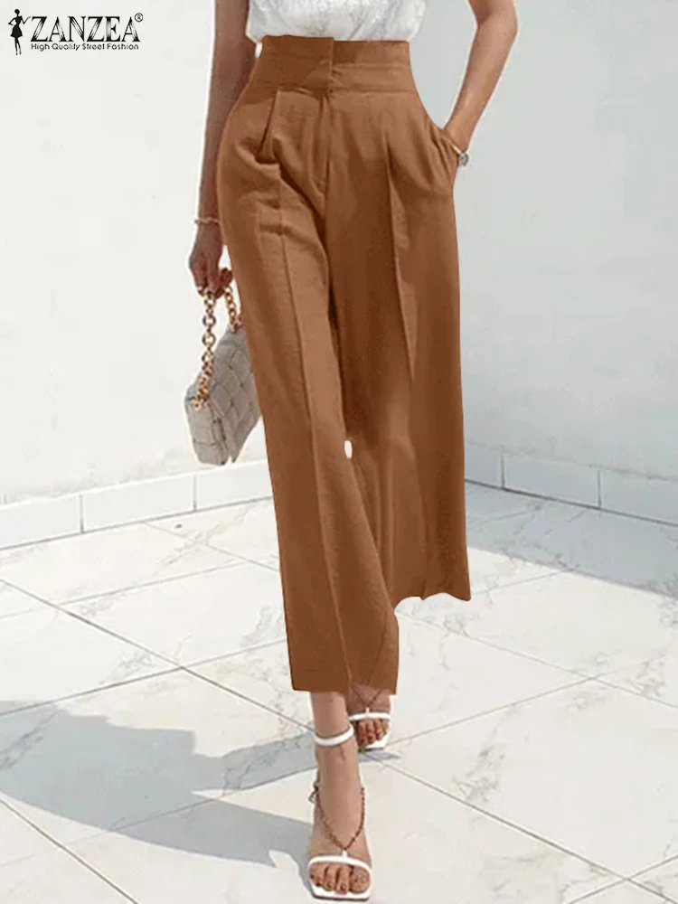 

ZANZEA Women Female Wide Leg Pants Casual Solid Palazzo Oversized Pant Fashion Summer Loose Trousers Ruffle Eleatic Waist Pants