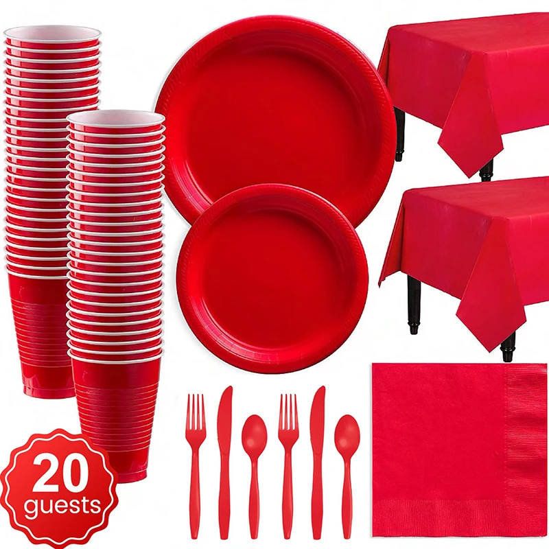 

20 Guests Party Disposable Tableware Red Pink Napkin Plastic Plate Cups Set Wedding Marriage Birthday Decor Home Party Supplies