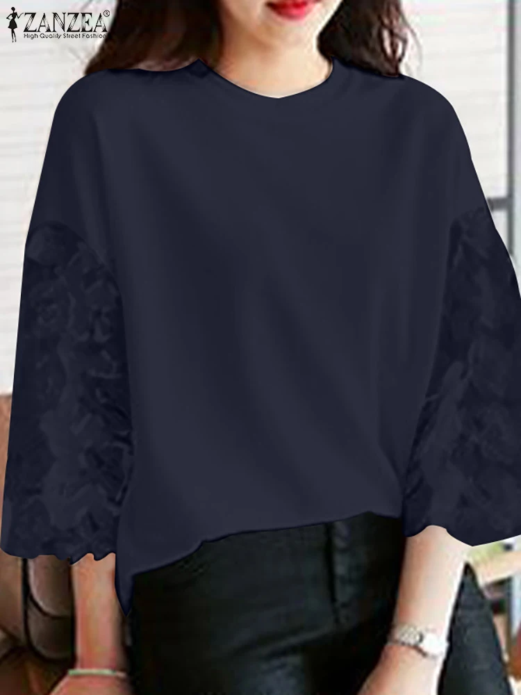

Элегантные стильные повседневные праздничные топы ZANZEA, богемная кружевная Лоскутная Блузка, женская рубашка с круглым вырезом и рукавом 3/4,...