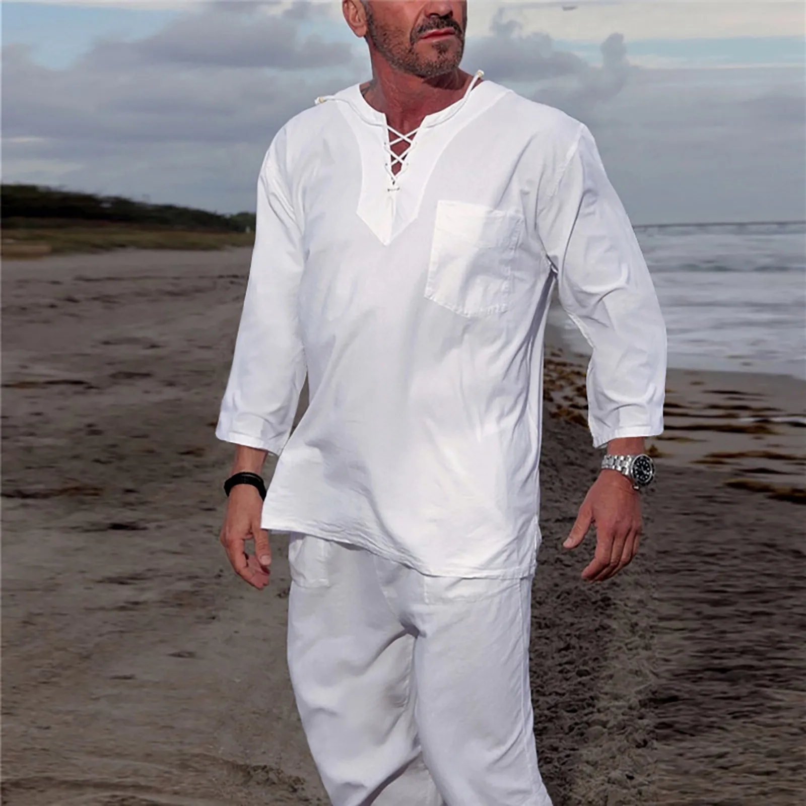 

Men's Baggy Solid Short Sleeve V Neck Drawstring Retro Beach Yoga T Shirts Tops T Shirt Pack Men