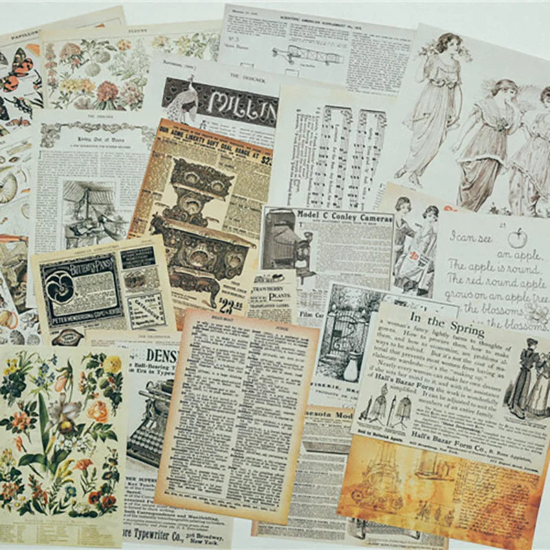 

24 Листа A4 винтажная бумага для новостей, бумажный коллаж, нежелательный журнал ефемы, ретро-книжные страницы, альбом «сделай сам», скрапбуки...