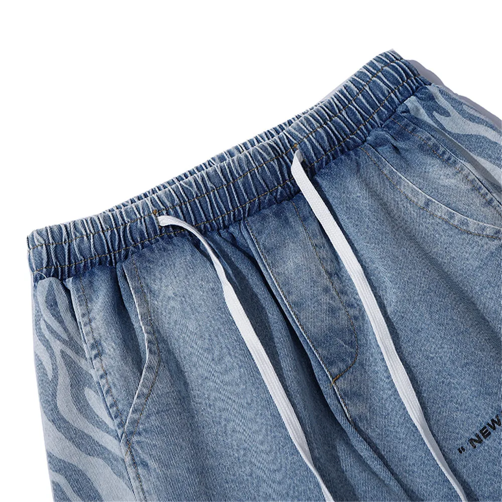 Elastic Waist Jeans Skeleton Baggy Casual Jean Pants Mens Japan Style Streetwear Straight Denim Trousers Male Vintage Blue