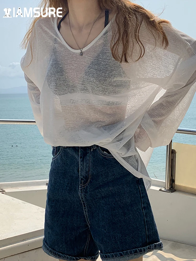 

IAMSURE Beach Style Loose Sun T Shirts Holiday Casual Solid Basic V-Neck Long Sleeve Tees Women 2022 Summer Fashion Streetwear