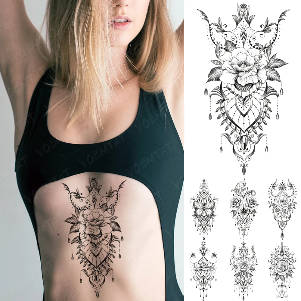 

Waterproof Temporary Tattoo Sticker Flowers Waist Roses Flash Tatto Henna Mehndi Totem Hand Body Art Arm Fake Tatoo Men Women
