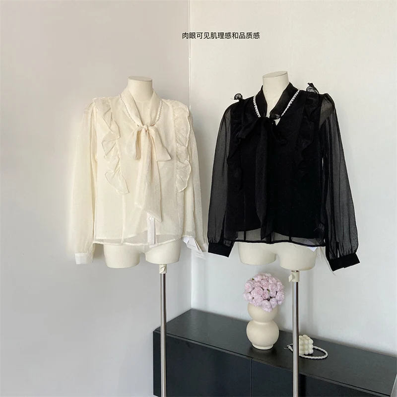 Модная женская рубашка в Корейском стиле однотонная кружевная с