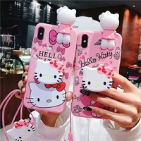 bandai cartoon pink hello kitty with phone holder with lanyard tpu phone case for iphone xr xsmax 8plus 11 12 13 pro max case