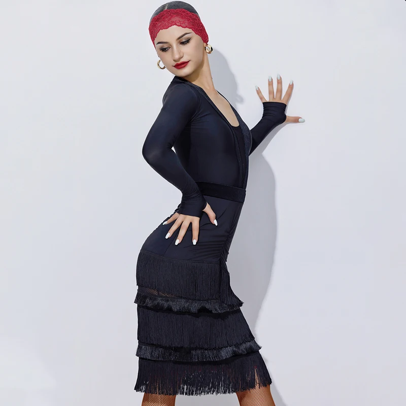 Женское платье для латиноамериканских танцев юбка с длинным рукавом и бахромой
