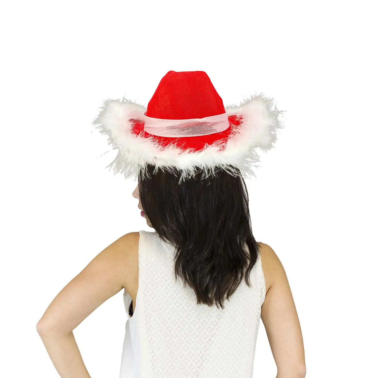 Red Cowboy Hat Western Fun Princess with Feathers Wide Brim Supply Cowgirl Hat for Christmas Party Adult Santa Claus Women