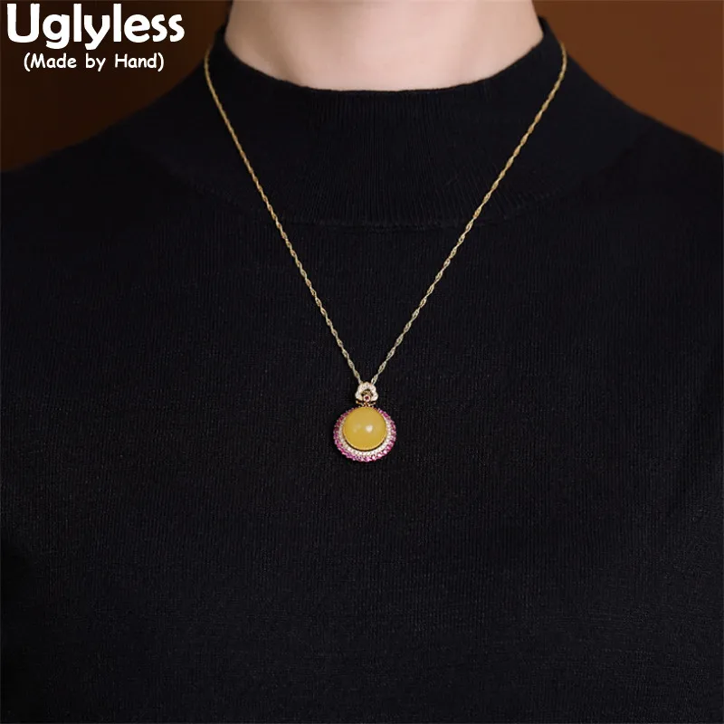 Uglyless High-end Nature Amber Necklaces for Women Elegant Office Lady Dress Jewelry 925 Silver Zircons Crystals Pendants +Chain