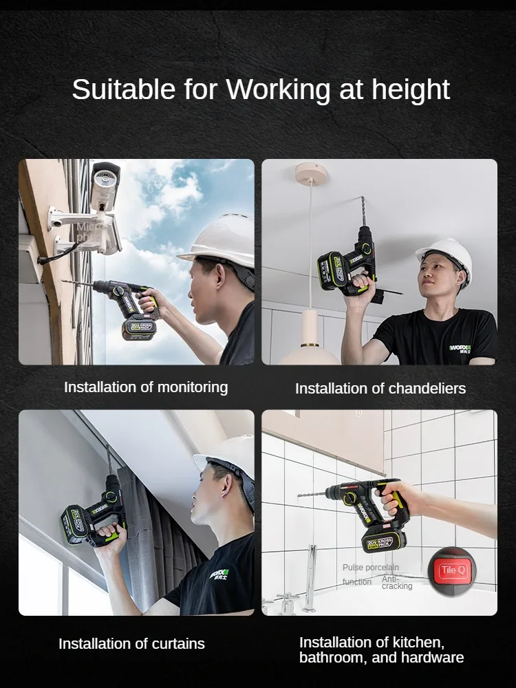 Фото WORX WU380S профессиональные беспроводные дрели, вращающийся молоток, перезаряжаемые электроинструменты, зарядный молоток, дрель, Электрическая отвертка №3
