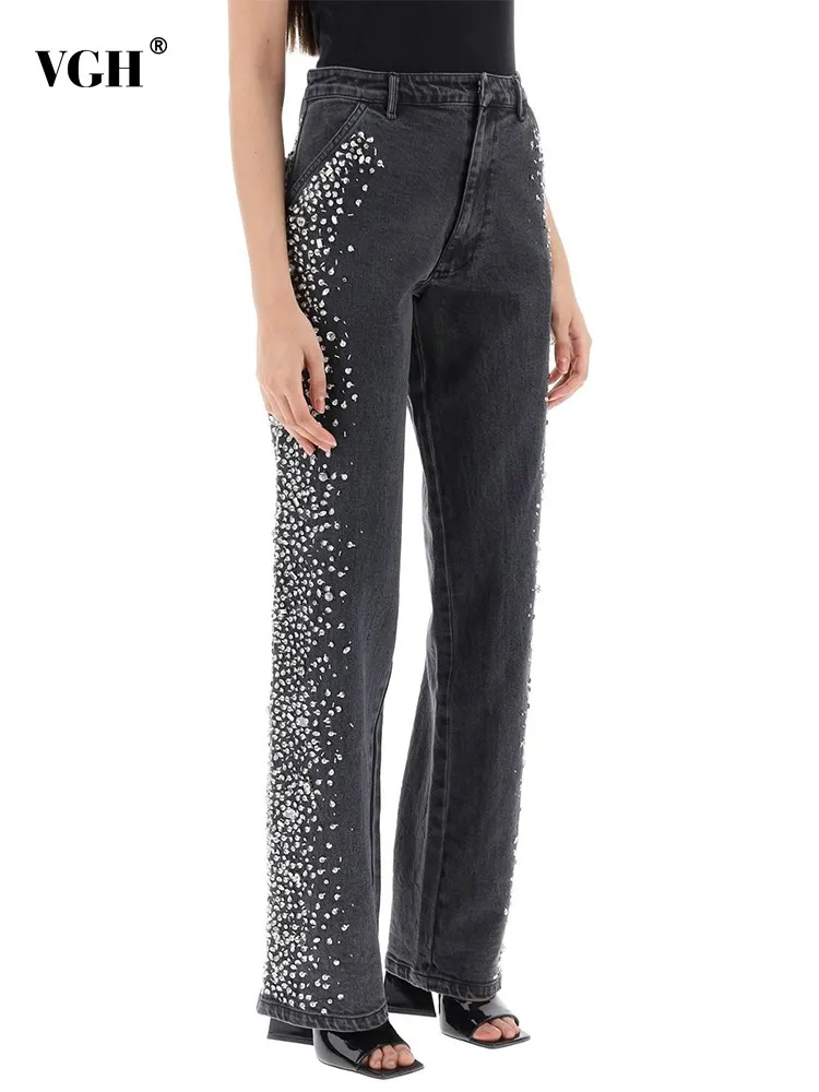 

VGH Casual Patchwork Diamonds For Women High Waist Spliced Pockets Soild Loose Straight Wide Leg Pants Female Summer Clothing