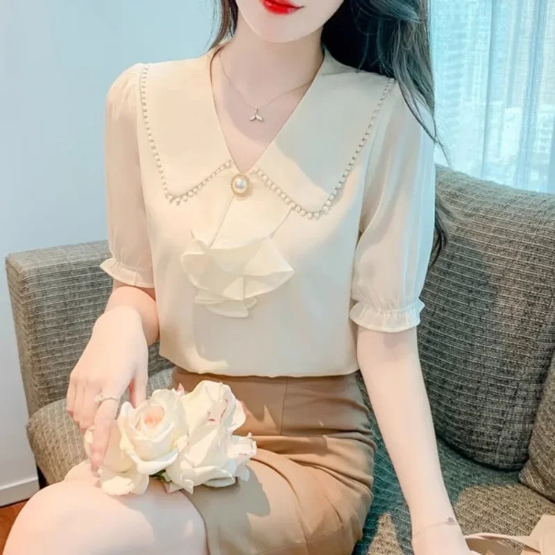 Женская летняя новая шифоновая рубашка с V-образным вырезом и коротким рукавом