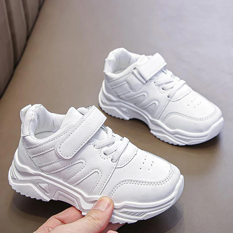 

All-match Autumn White Sneakers for Boys Girls Soft Light Sports Leisure Soft Sole Leather Surface Platform Shoes Size 26-37