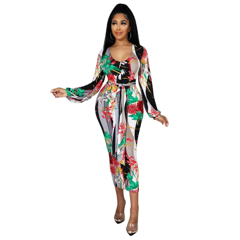 

Женское офисное платье-миди с V-образным вырезом и длинным рукавом