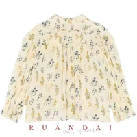 printed ruffle long sleeved blouse for ruandai 2022 summer new french round neck set pleated floral loose type shirt women