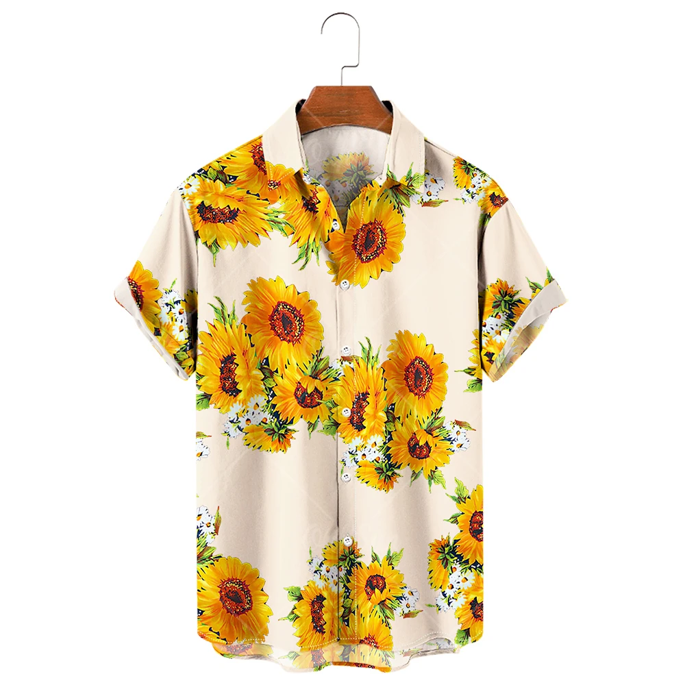 Men's Hawaiian Shirt, 3D Sunflower Print T-Shirt, Floral Single Row Button Shirt, Lapel, Large 5XL, Casual Style, Men's Beach To
