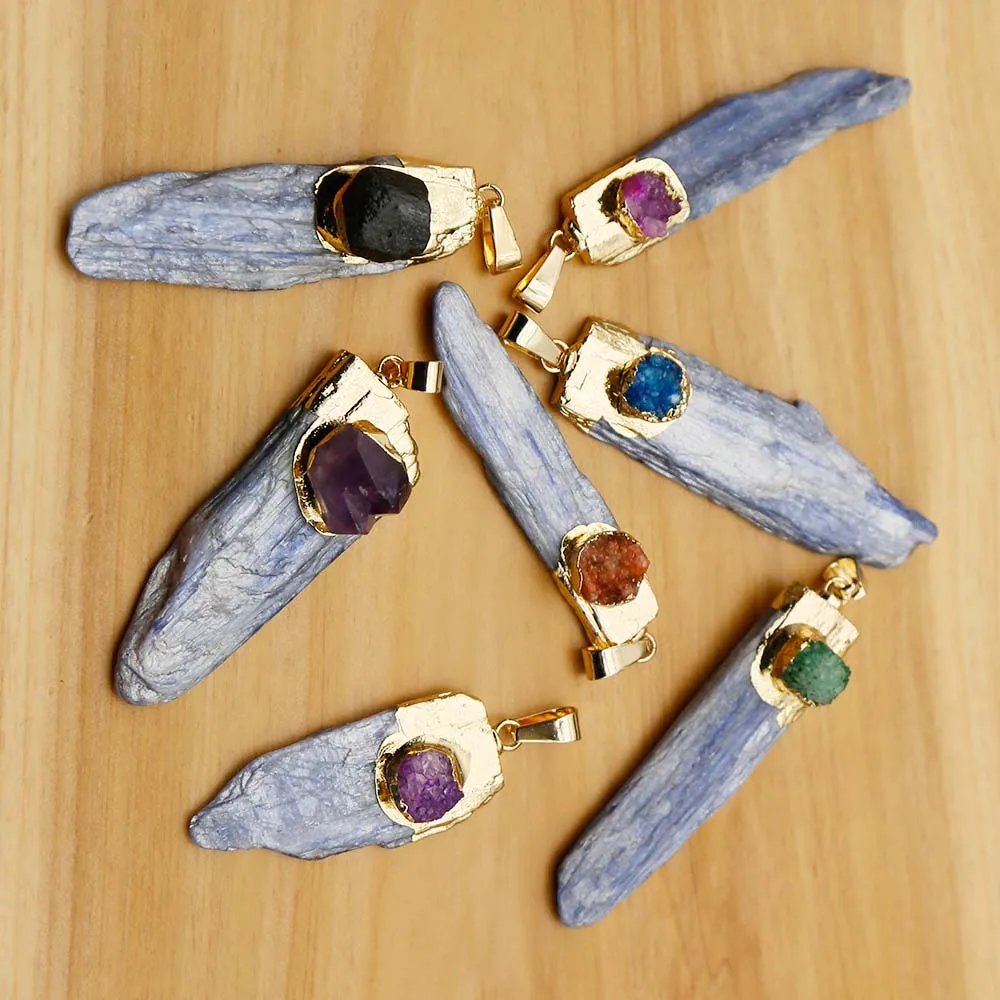

Natural Blue Crystal Strip Pendant Irregular Stone Pillar Agate Necklace Black Tourmaline Jewelry Accessories Wholesale 7Pcs/Lot