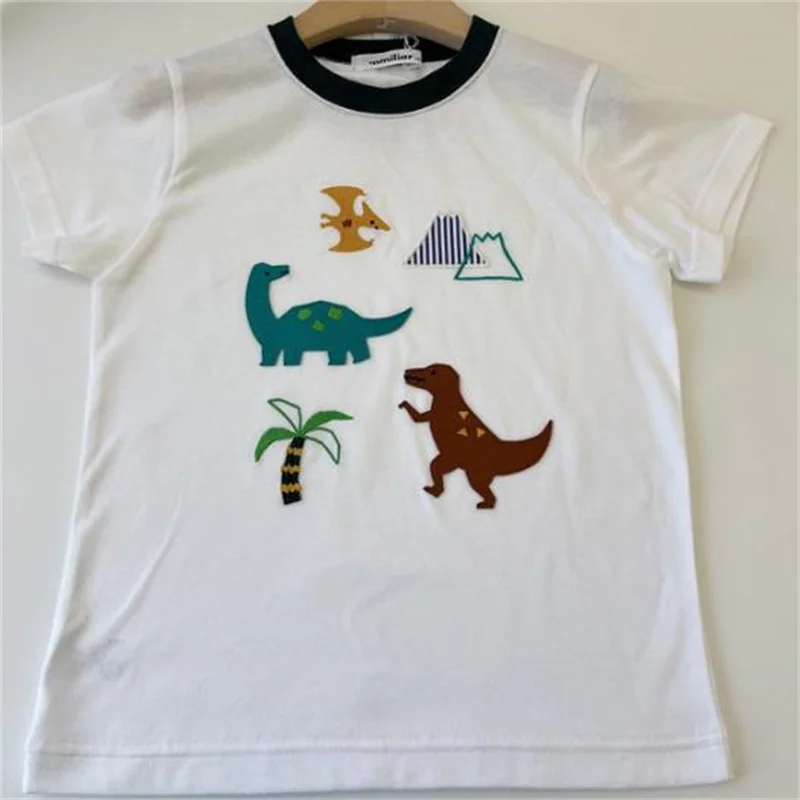 

New Children's Short Sleeve T-Shirt Dinosaur Embroidery White Casual Cute Top