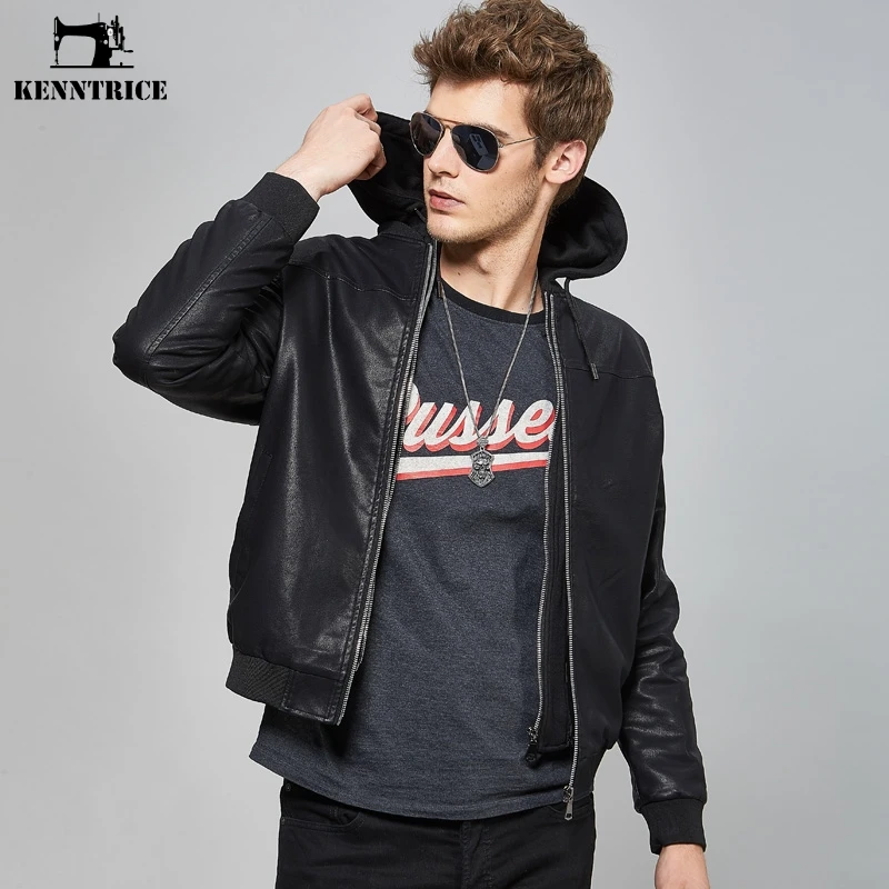 

Kenntrice Leather Jackets for Men Youth Fashion Handsome Hooded Leather Coat New Hot Sale Zipper Motorcycle Jacket Mens Clothing