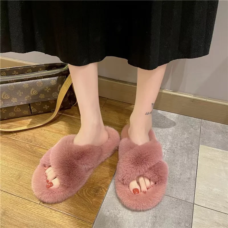 New Winter Open Toe Slipper Fashion Fur Thick Sole Flats Heel Ladies Casual Slip On Bedroom Shoes Soft Outdoor Slides Shoes