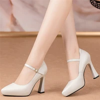 party pumps mary janes womens genuine cow leather pointed toe high heels shallow wedding shoe office casual oxfords